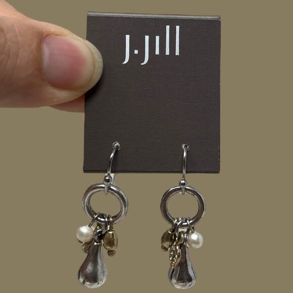 NWT J. Jill Silver Tone Circle Dangle Earrings. Mixed Metal & Faux Pearl Charms - Picture 2 of 3